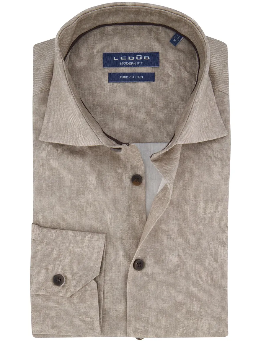 Ledub overhemd beige geprint Pure Cotton donkerbruine knoop