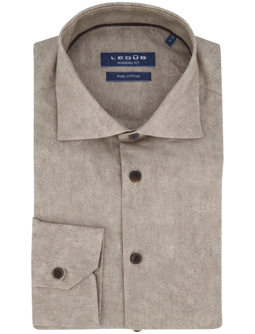 Ledub overhemd beige geprint Pure Cotton donkerbruine knoop