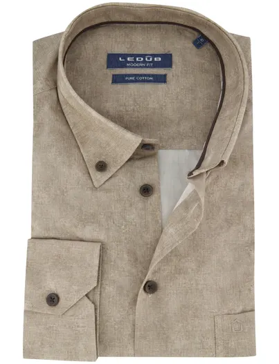 Ledub Overhemden Ledub Modern Fit khaki geprint katoen