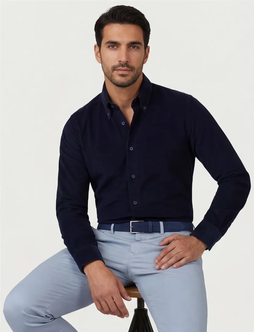 Ledub overhemd donkerblauw corduroy lange mouw