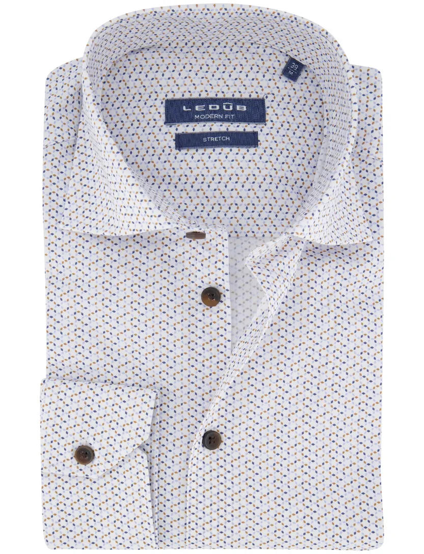 Ledub overhemd wit geprint stretch wide spread collar