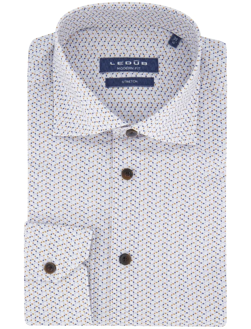Ledub overhemd wit geprint stretch wide spread collar