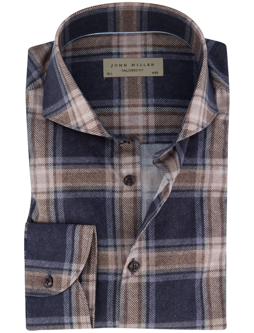 John Miller Tailored fit overhemd navy geruit cutaway