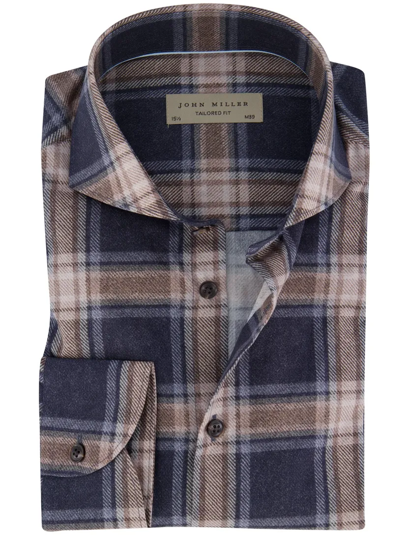 John Miller Tailored fit overhemd navy geruit lange mouw