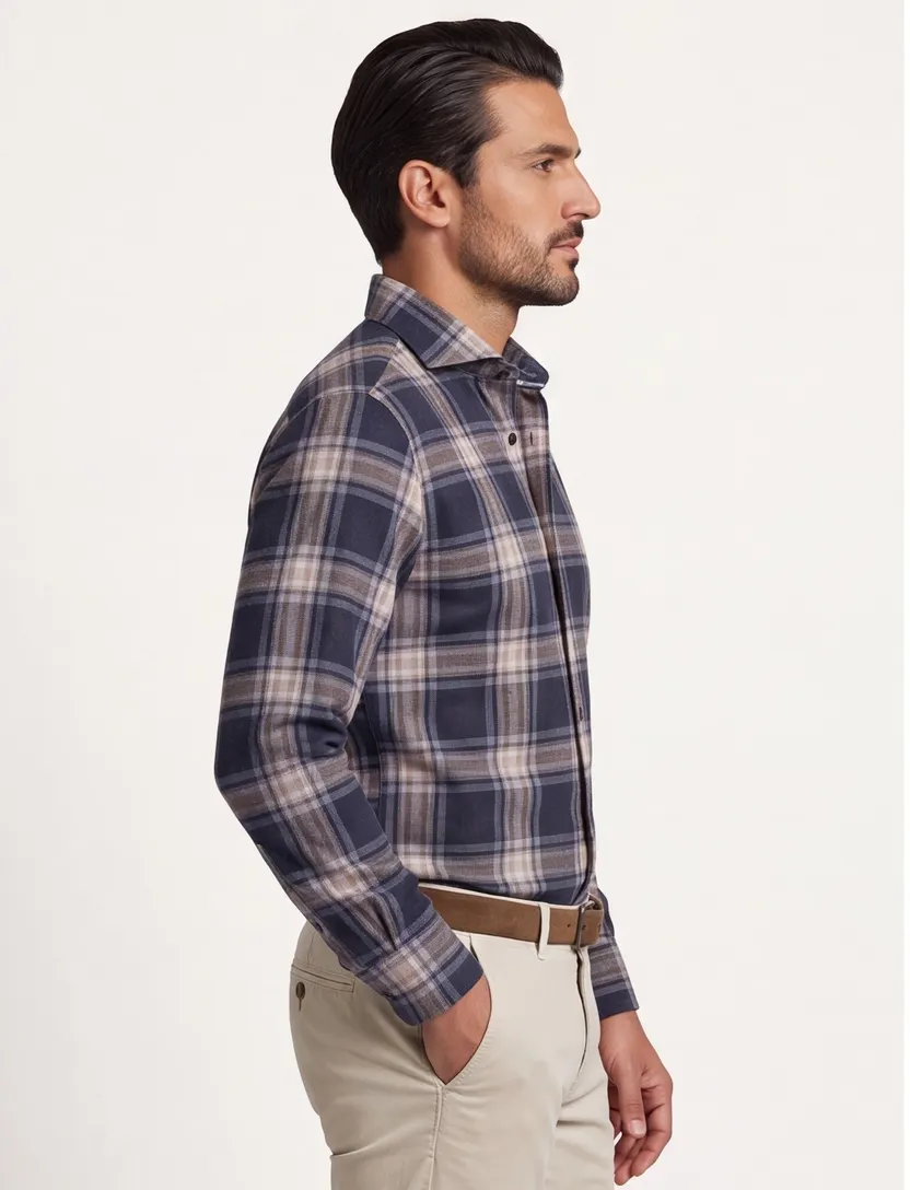 John Miller Tailored fit overhemd navy geruit lange mouw
