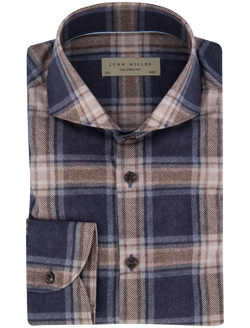 John Miller Tailored fit overhemd navy geruit lange mouw