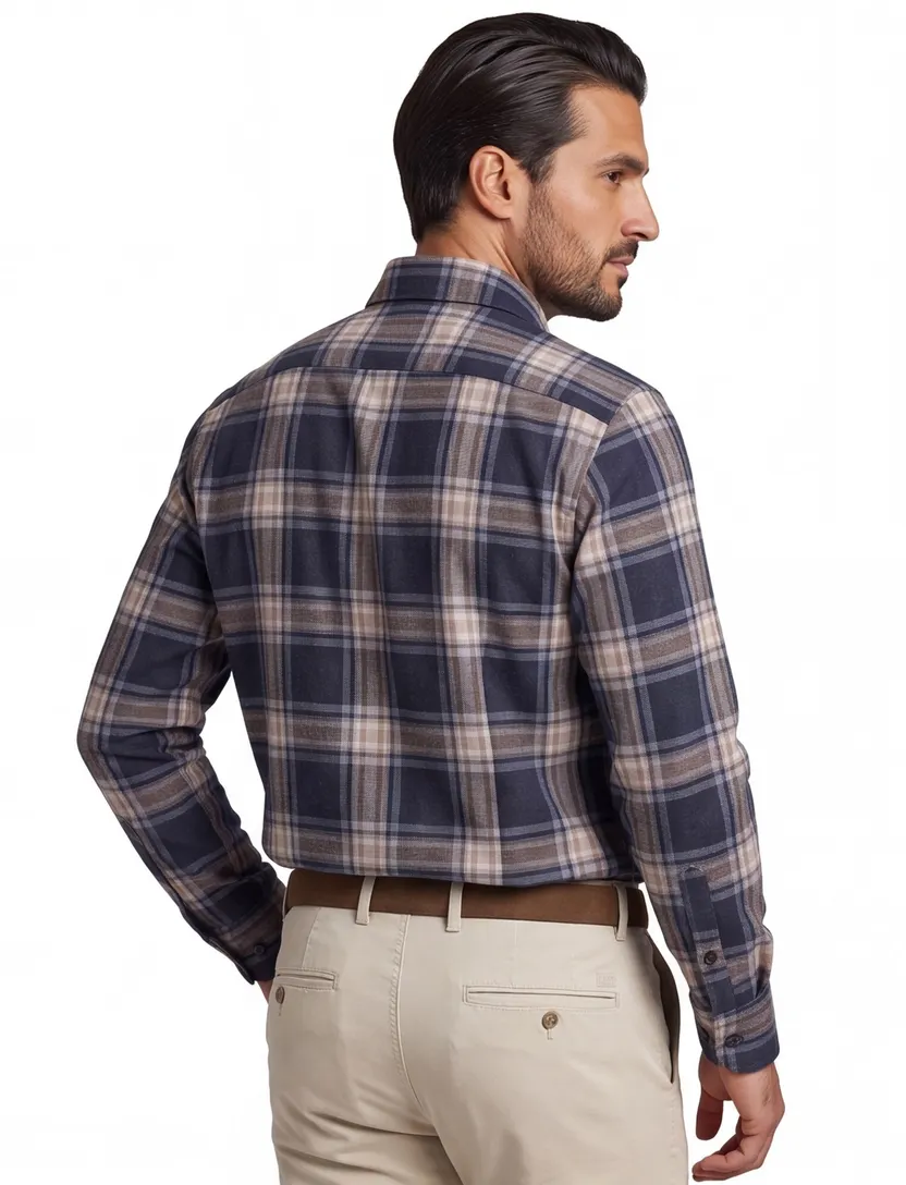 John Miller Tailored fit overhemd navy geruit lange mouw
