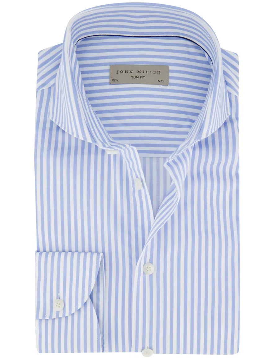 John Miller overhemd slim fit gestreept blauw wit witte knoop