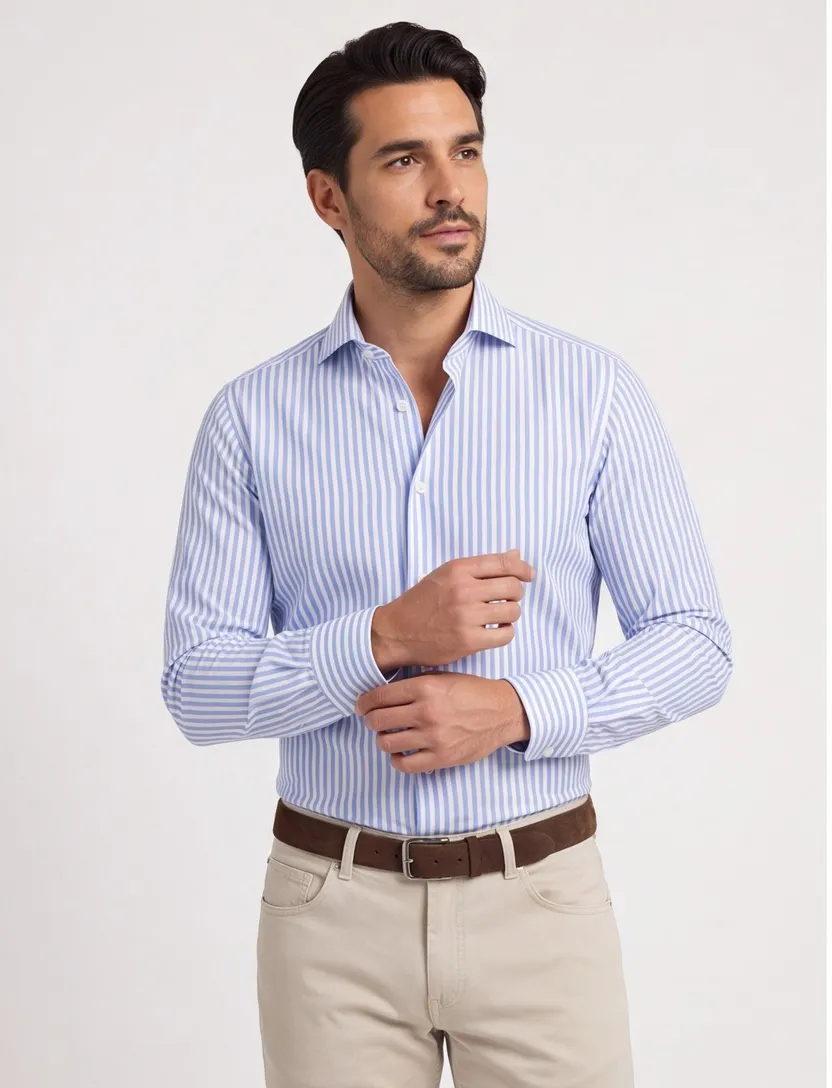 John Miller overhemd slim fit gestreept blauw wit cutaway