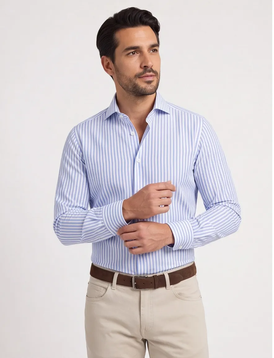 John Miller overhemd slim fit gestreept blauw wit witte knoop