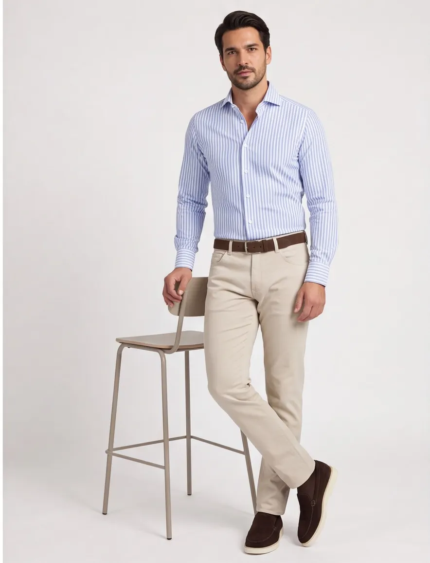 John Miller overhemd slim fit gestreept blauw wit witte knoop