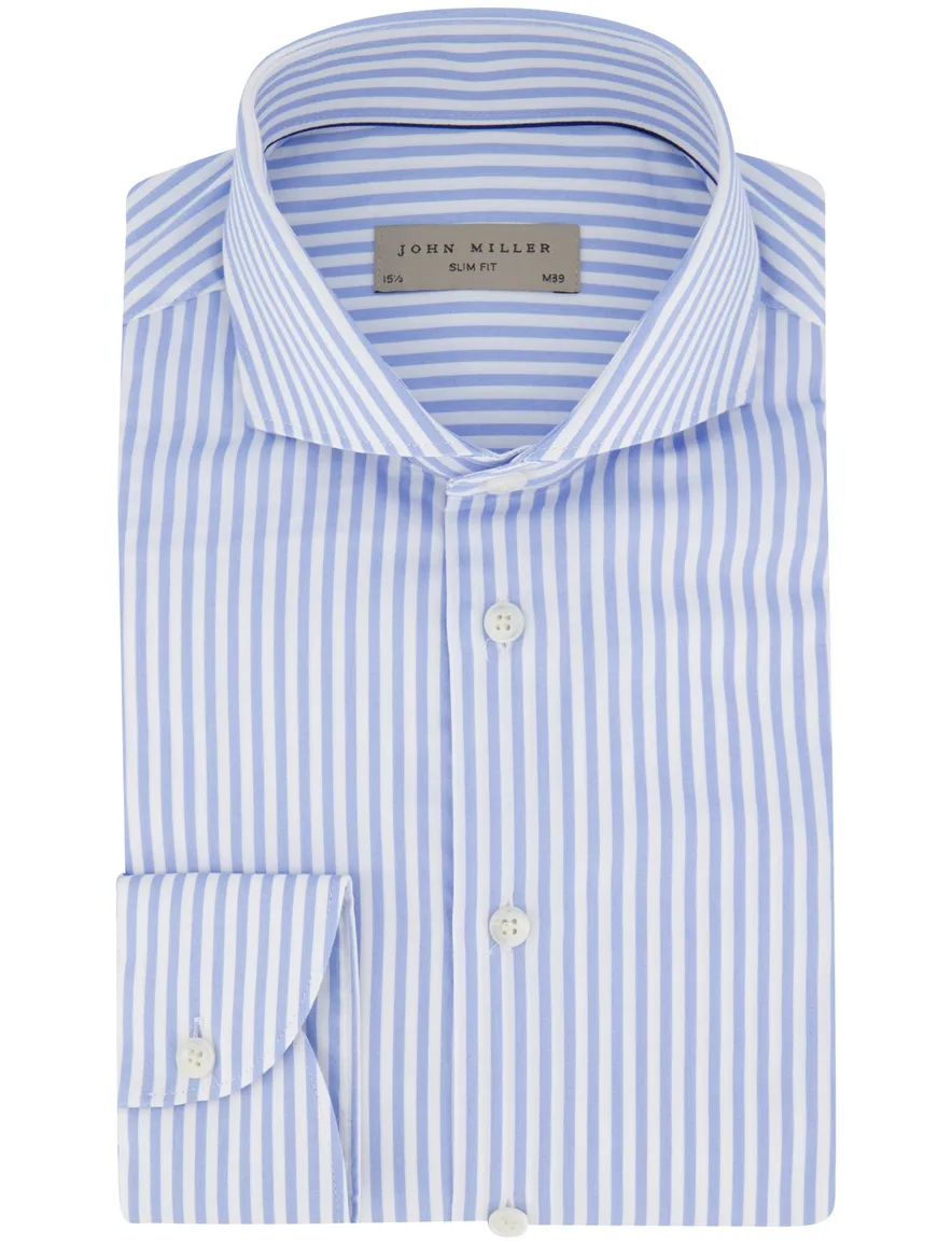 John Miller overhemd slim fit gestreept blauw wit witte knoop