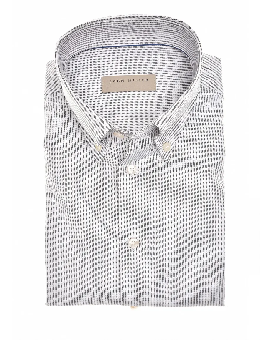 John Miller overhemd wit bruin gestreept button-down collar