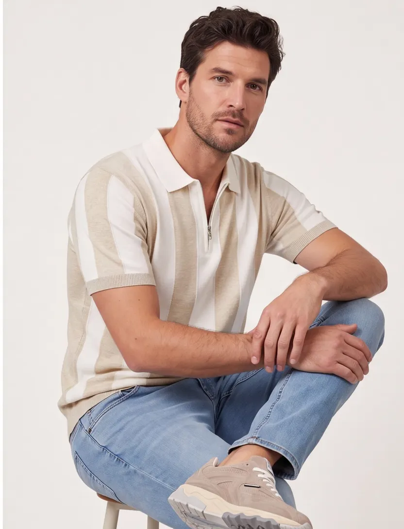 Blue Industry polo beige gestreept met boord
