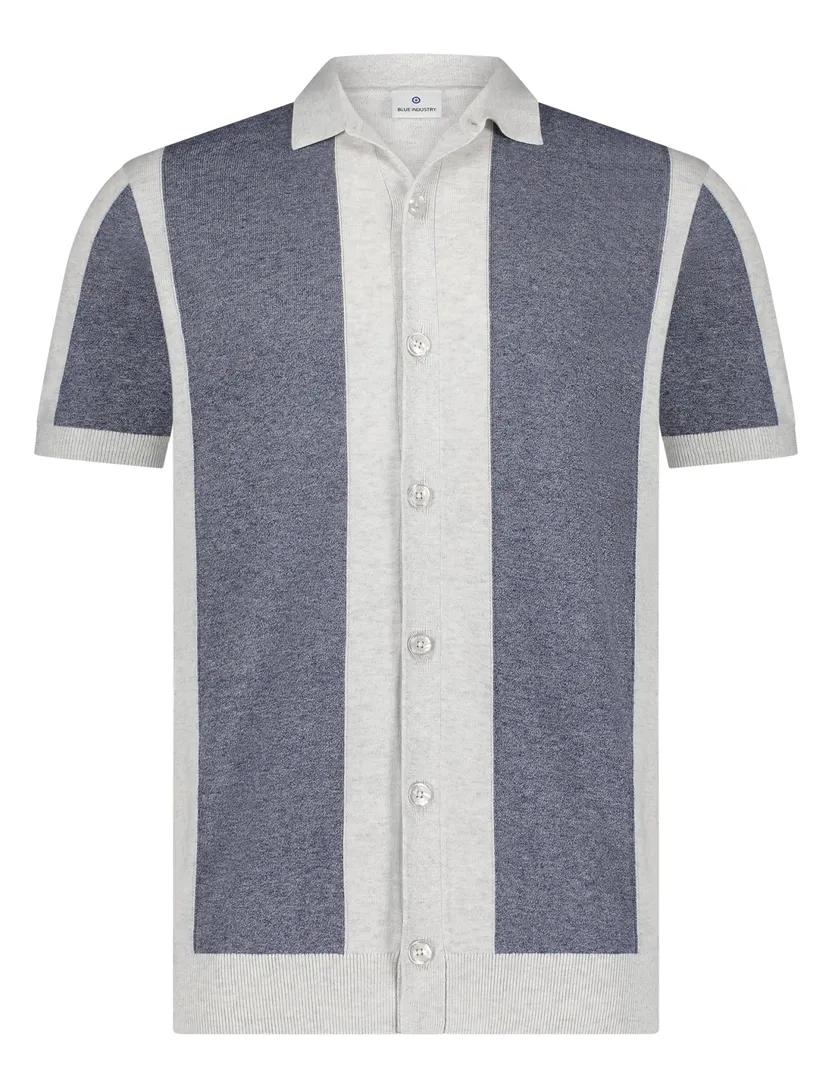 Blue Industry polo blauw wit fijn gebreid gestreept