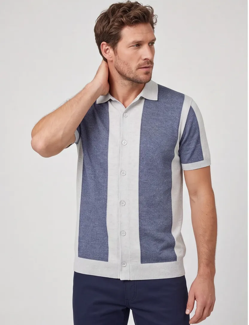 Blue Industry polo blauw wit fijn gebreid gestreept