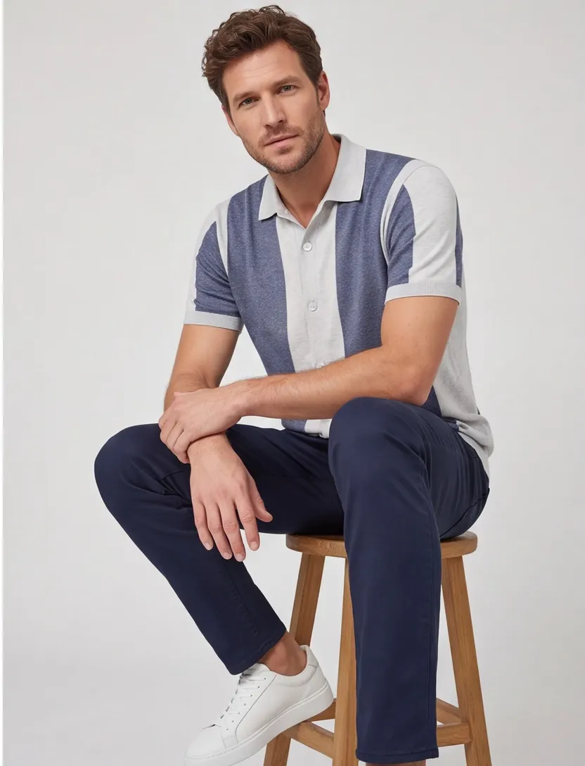 Blue Industry polo blauw wit fijn gebreid gestreept