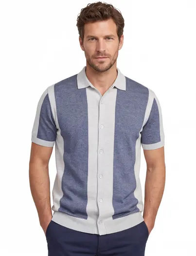 Blue Industry Blue Industry polo blauw wit fijn gebreid gestreept