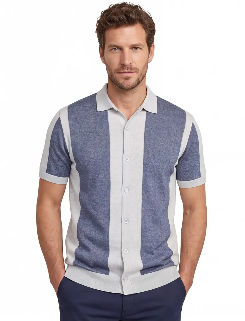 Blue Industry polo blauw wit fijn gebreid gestreept