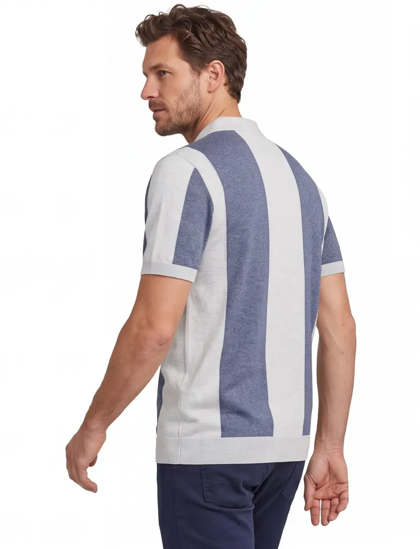 Blue Industry polo blauw wit fijn gebreid gestreept