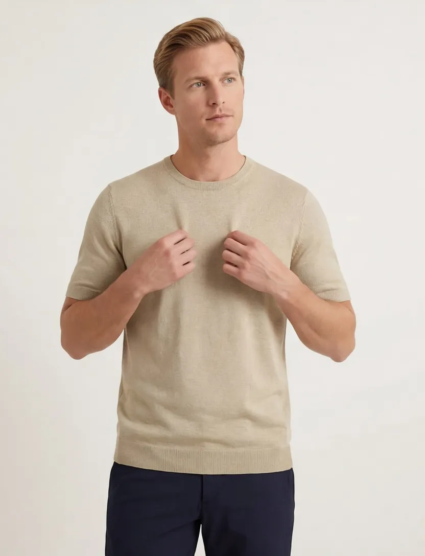 Blue Industry T-shirt beige met boord effen