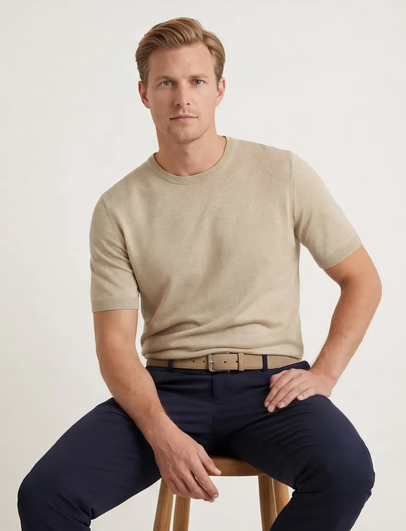 Blue Industry T-shirt beige met boord effen