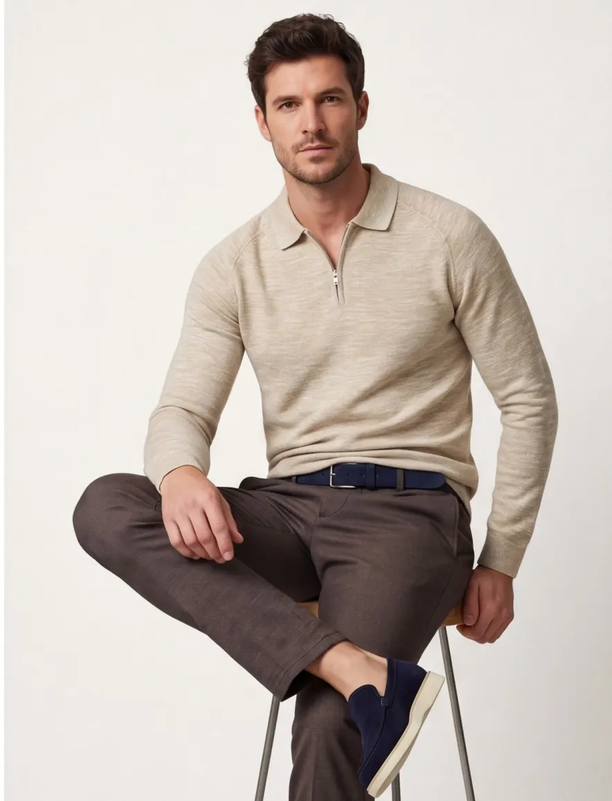 Blue Industry polo lange mouw beige rits