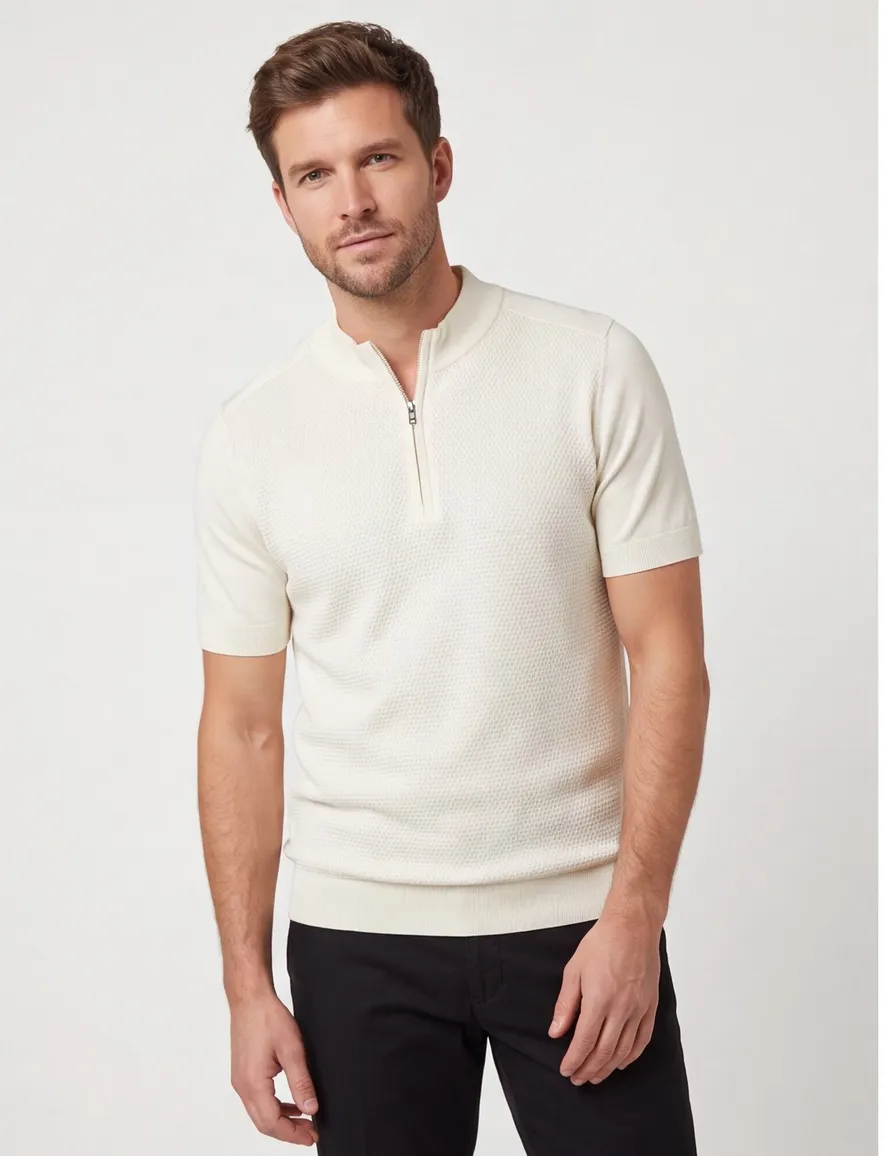 Blue Industry polo creme effen met rits hals