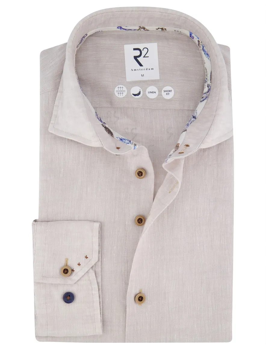 R2 Amsterdam overhemd beige lange mouw short fit