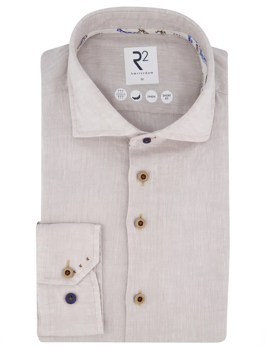 R2 Amsterdam overhemd beige lange mouw short fit
