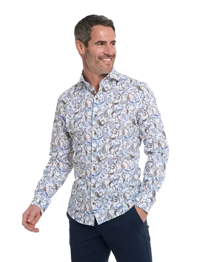 R2 Amsterdam overhemd blauw geprint lange mouw geprint