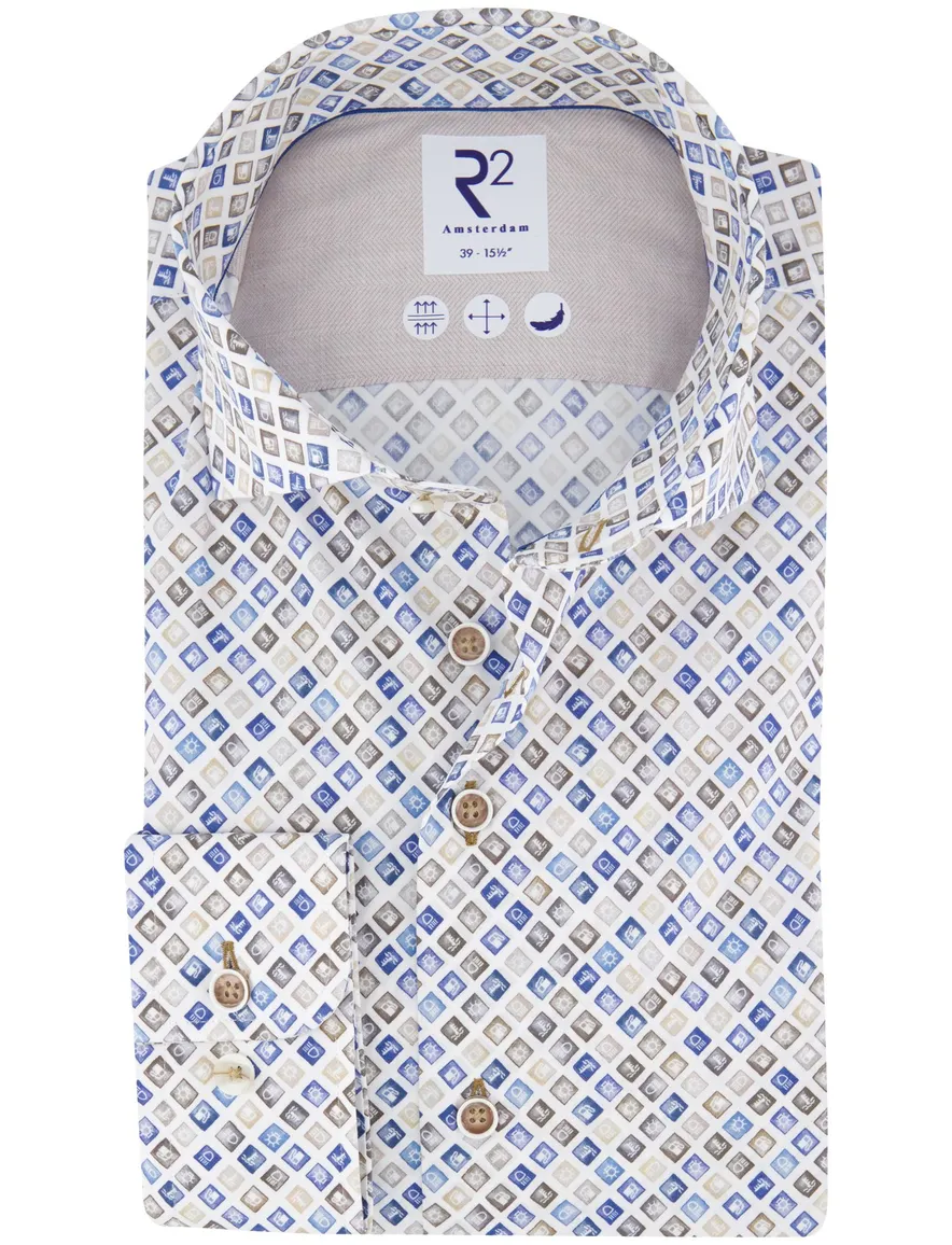 R2 overhemd wit blauw bruin geprint katoen