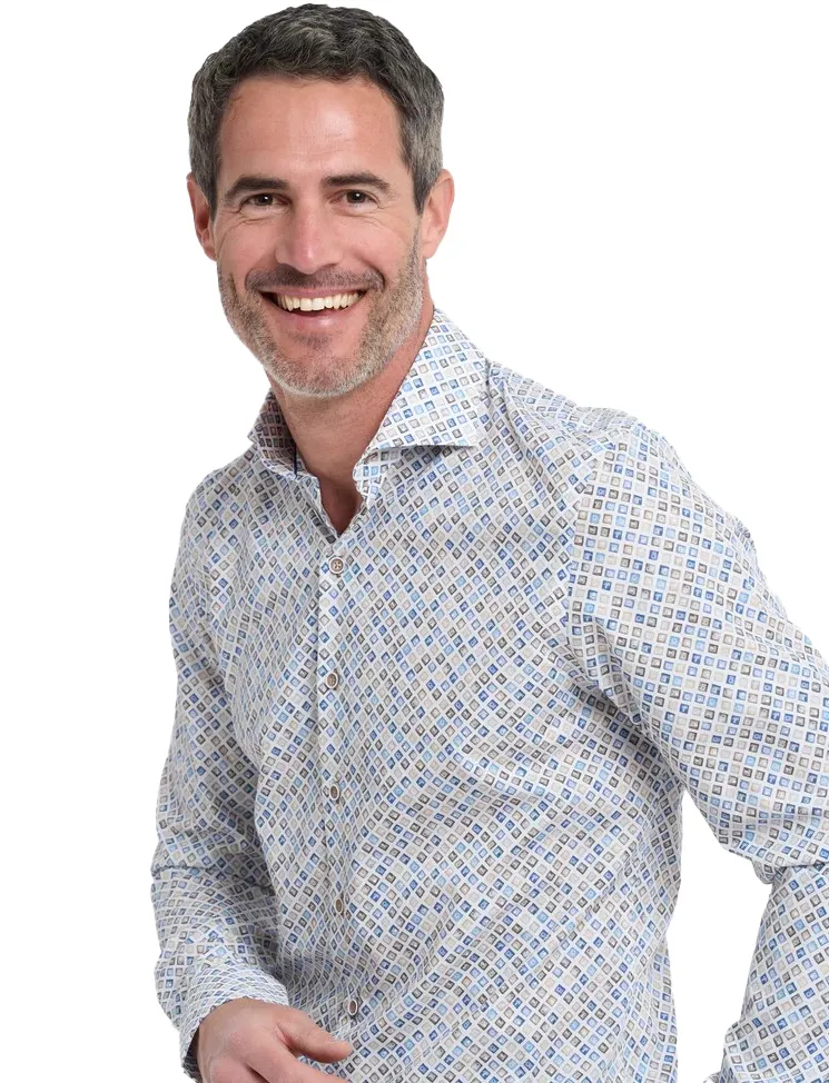 R2 overhemd wit blauw bruin autolampjes geprint katoen