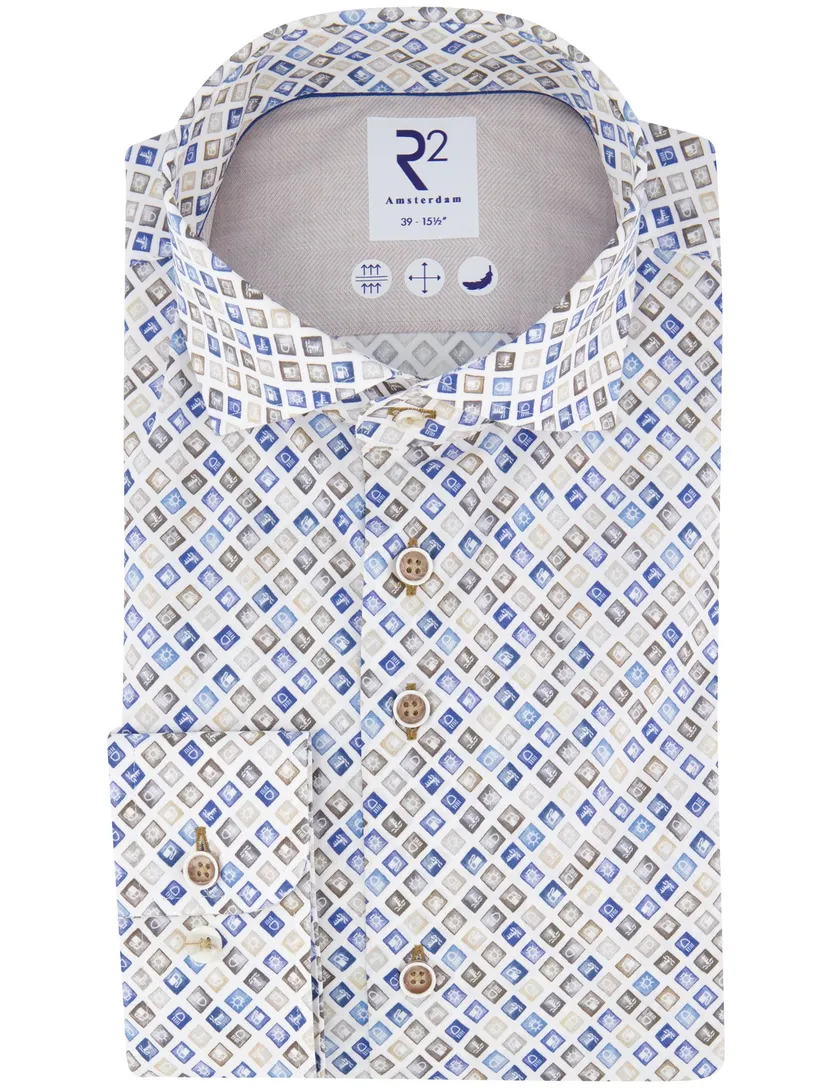 R2 overhemd wit blauw bruin autolampjes geprint katoen