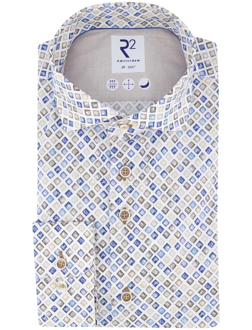R2 overhemd wit blauw bruin geprint katoen