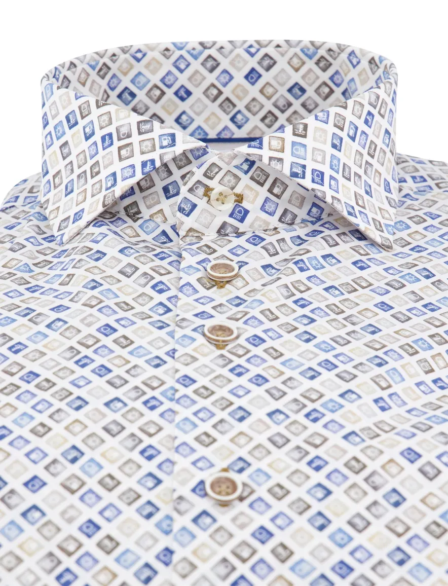 R2 overhemd wit blauw bruin geprint katoen