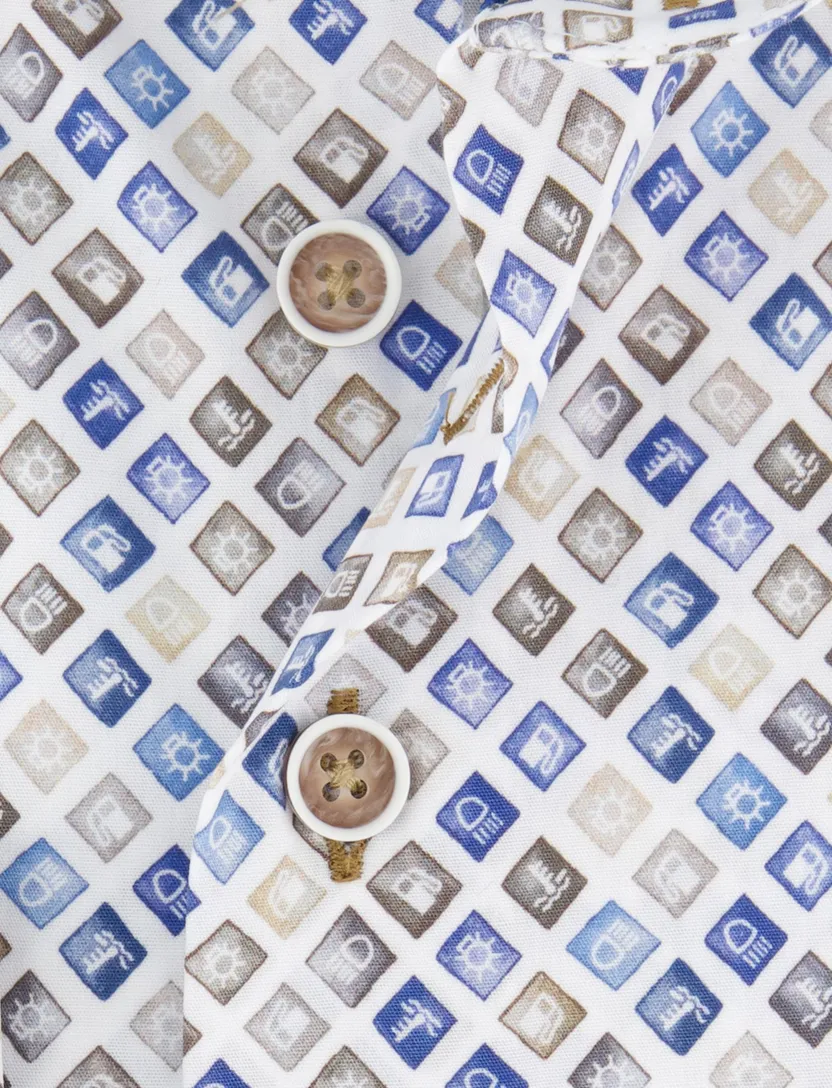 R2 overhemd wit blauw bruin autolampjes geprint katoen