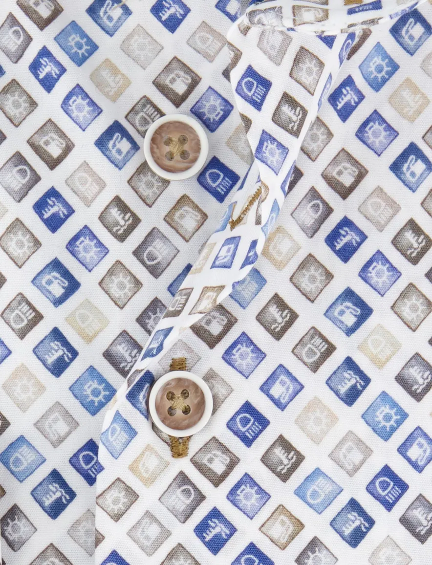 R2 overhemd wit blauw bruin geprint katoen