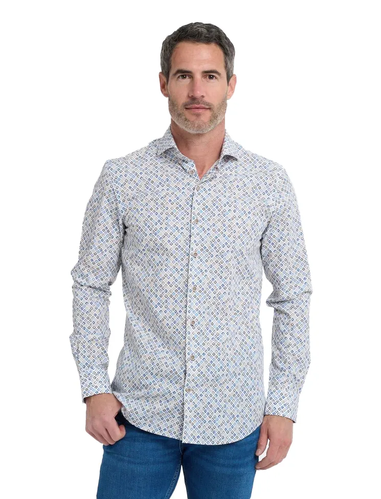 R2 overhemd wit blauw bruin autolampjes geprint katoen