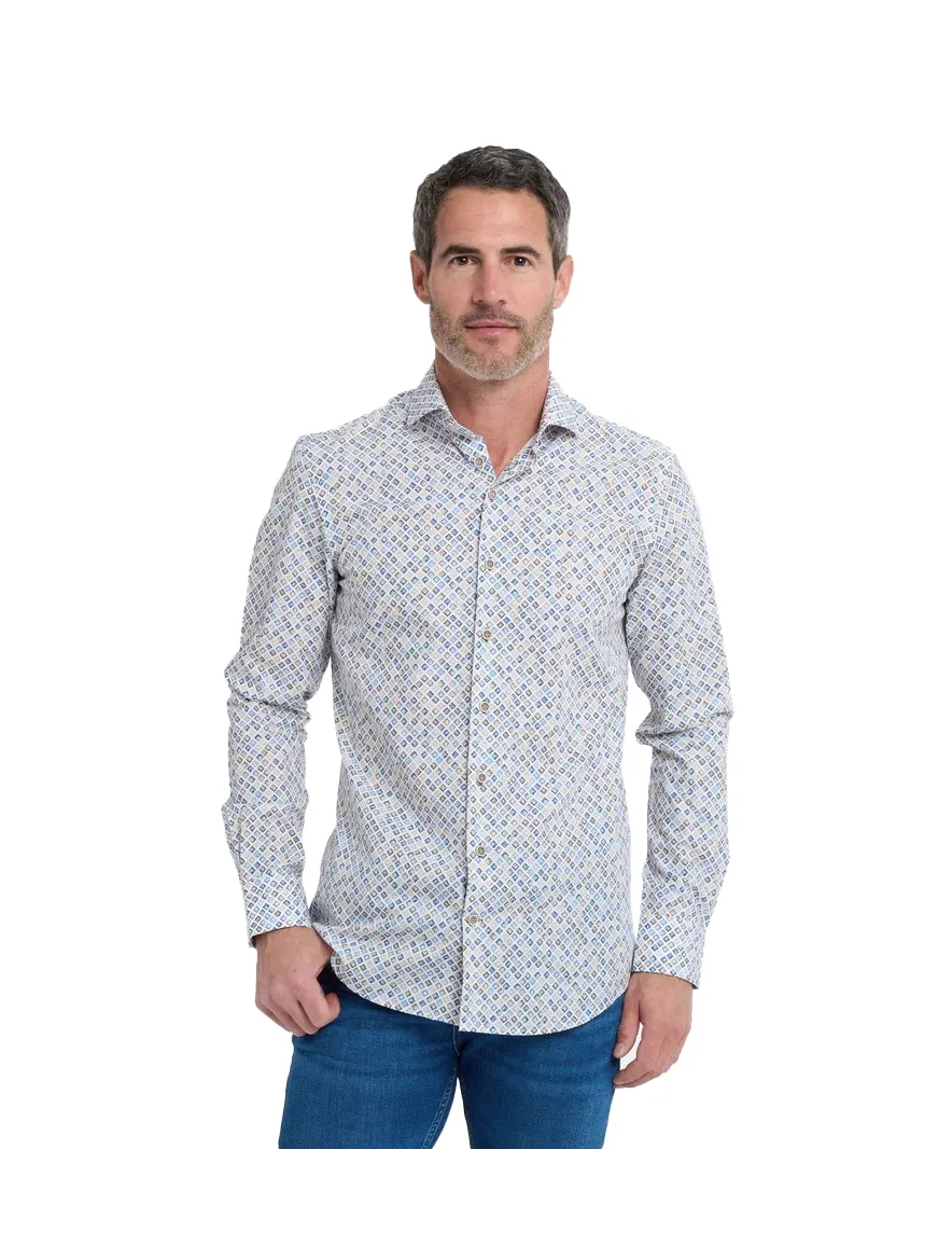 R2 overhemd wit blauw bruin geprint katoen