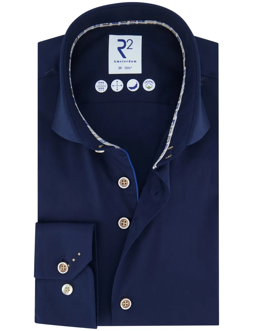 R2 overhemd donkerblauw katoen wide spread effen