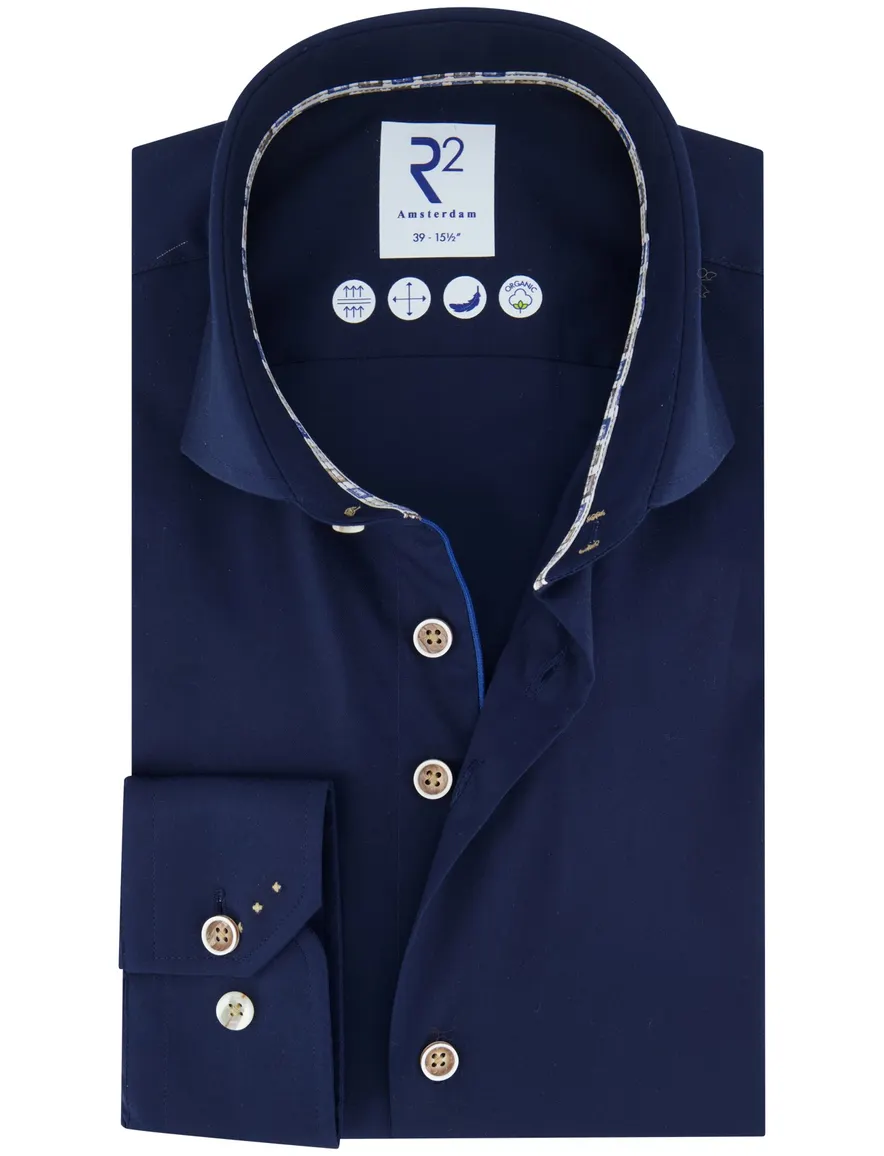 R2 overhemd donkerblauw katoen wide spread effen