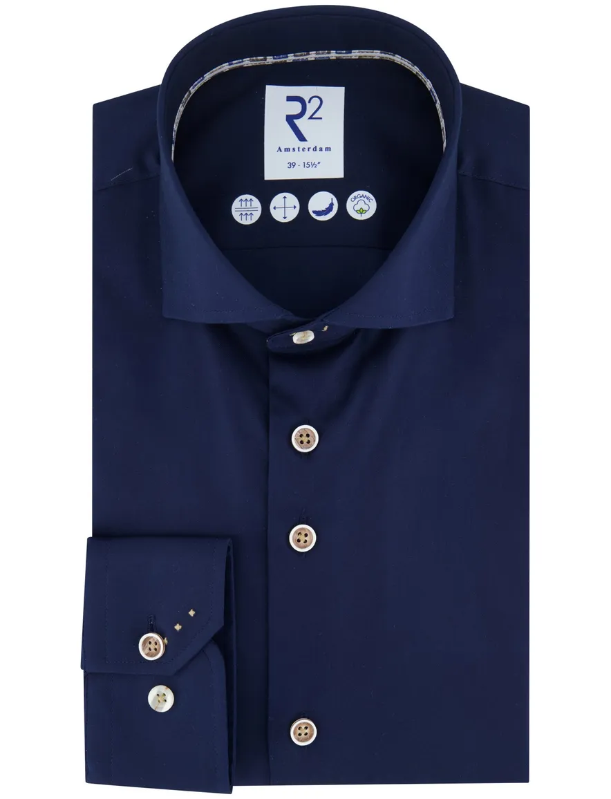 R2 overhemd donkerblauw katoen wide spread effen