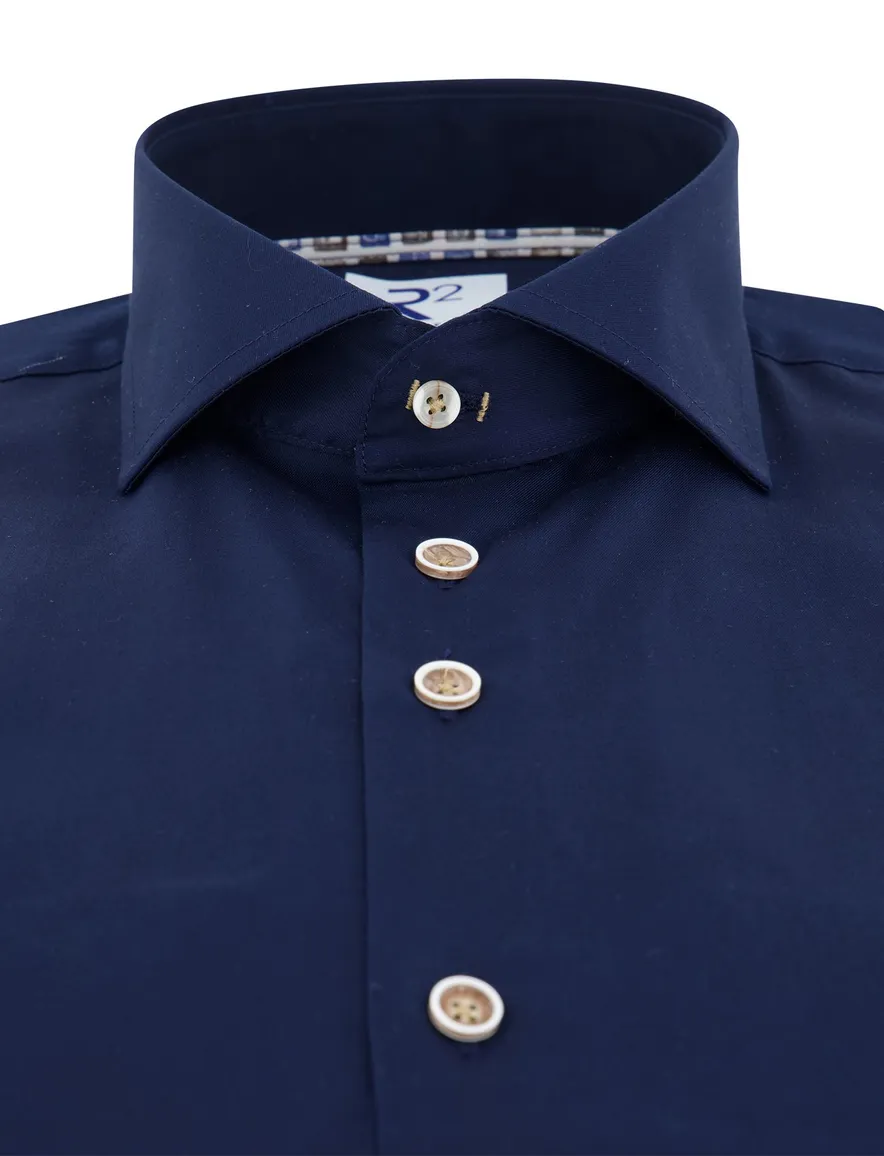R2 overhemd donkerblauw katoen wide spread effen