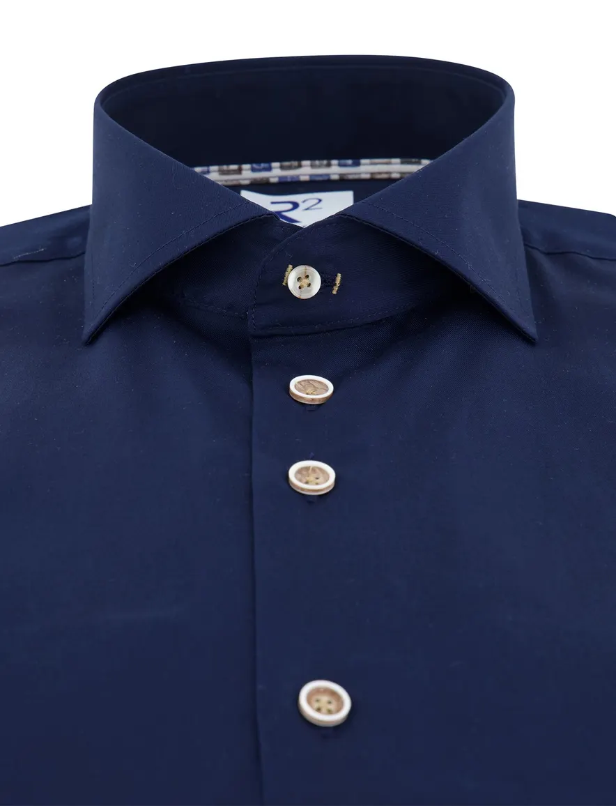 R2 overhemd donkerblauw katoen wide spread effen