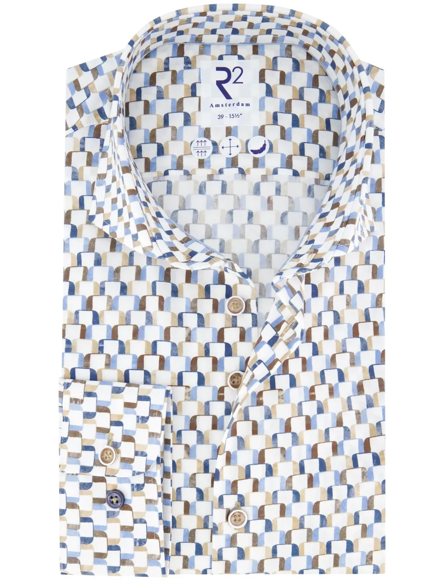R2 overhemd wit blauw bruin geprint wide spread katoen