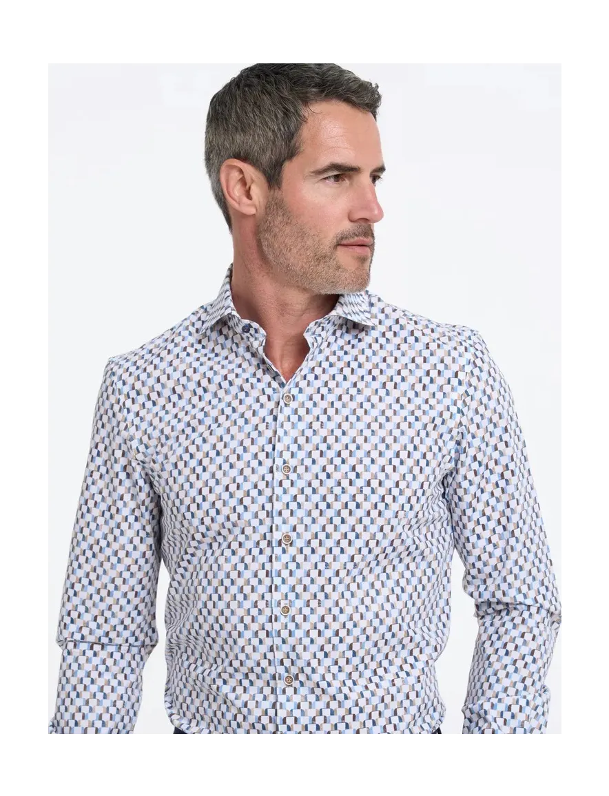 R2 overhemd wit blauw bruin geprint wide spread katoen