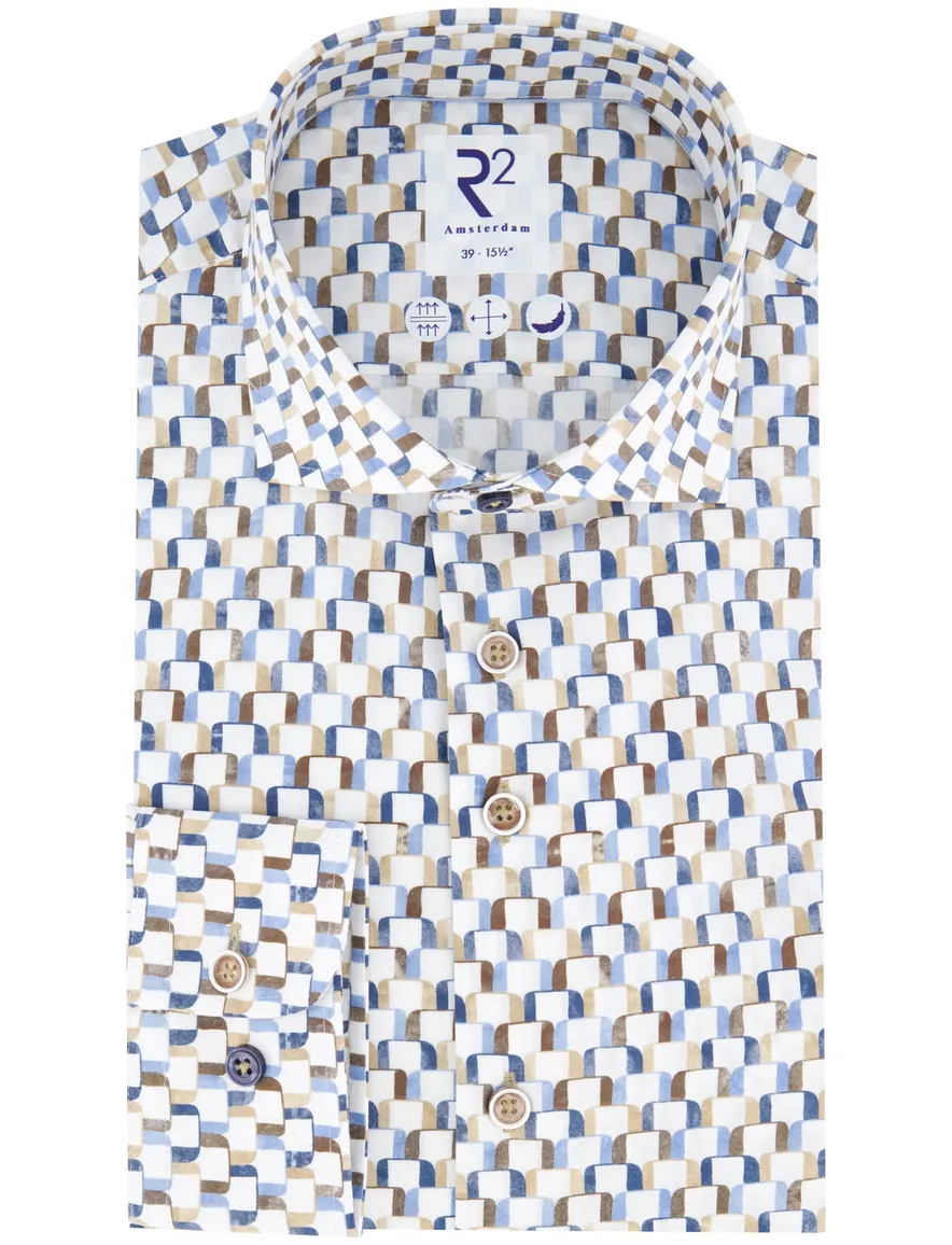 R2 overhemd wit blauw bruin geprint wide spread katoen