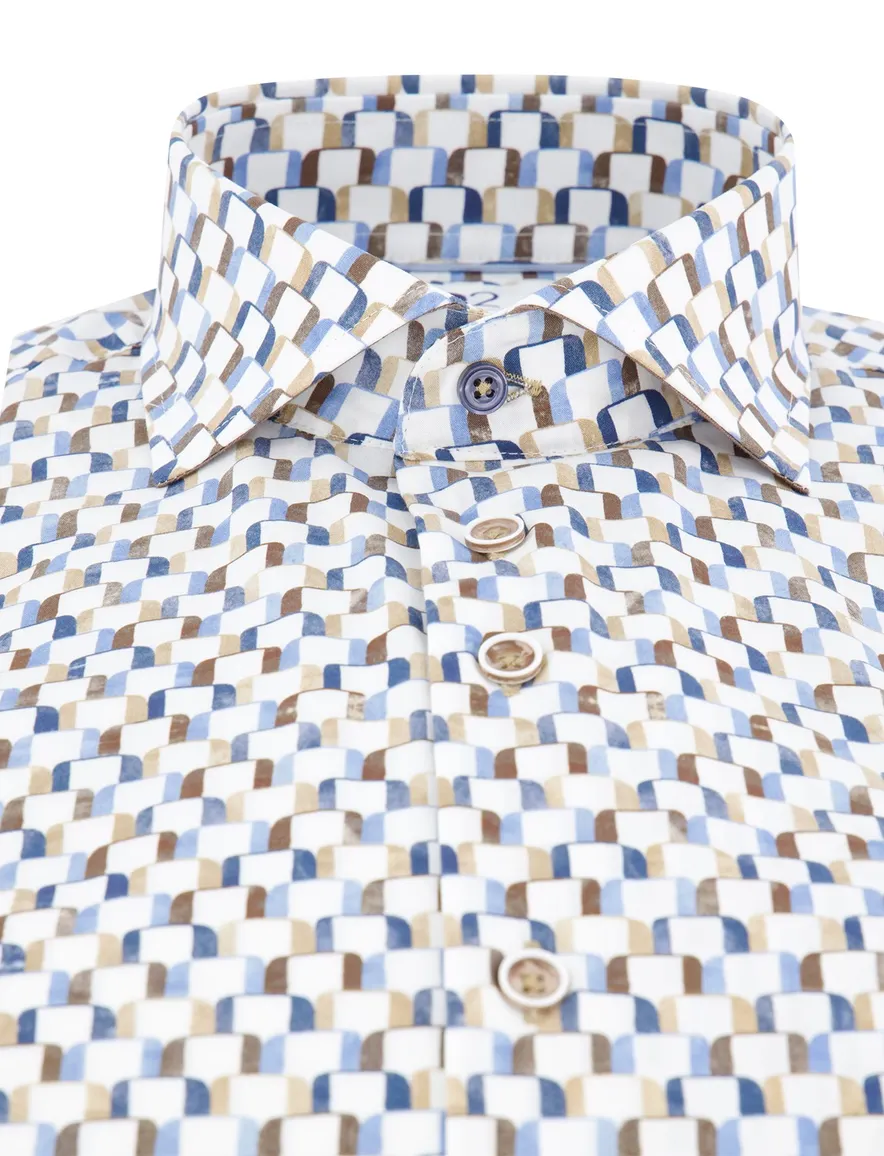 R2 overhemd wit blauw bruin geprint wide spread katoen
