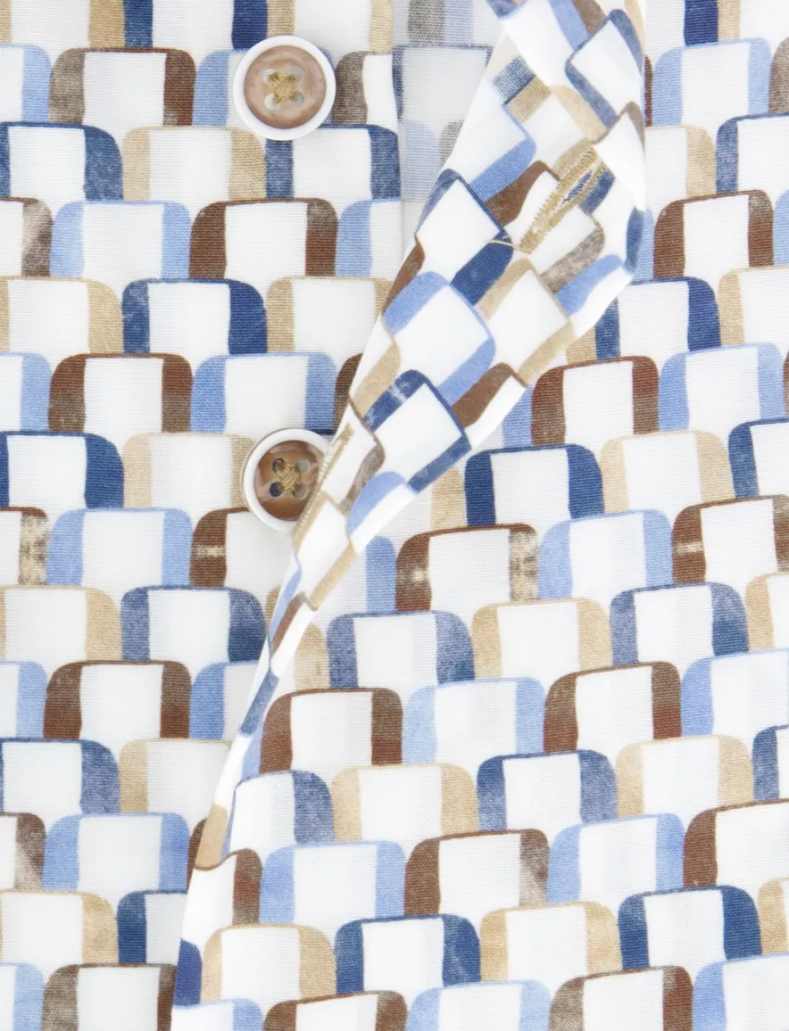 R2 overhemd wit blauw bruin geprint wide spread katoen